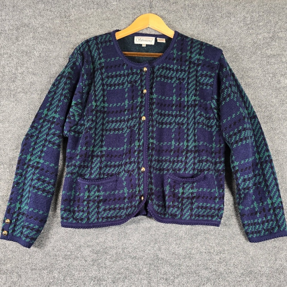 Silvercord Plaid Button Cardigan Navy Green Gold Buttons XL Women Cozy Knit‎